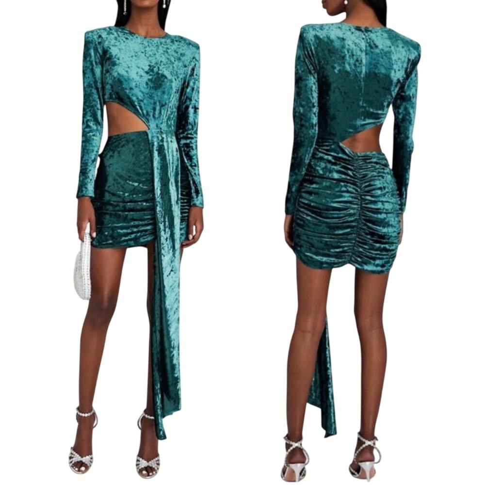 Ronny Kobo Yesenia Dress Crushed Velvet Stretchy Bodycon Long Sleeve Cutout Teal